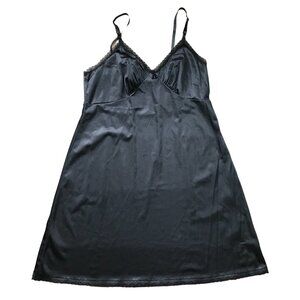 Vintage Sears Black Satin Slip Dress Women's Size 40 Lace Detailing Trim Size 40